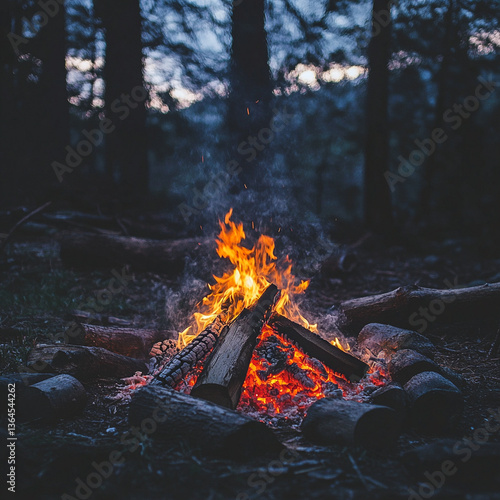 Bild auf Leinwand A campfire burning brightly in a dark forest surrounded by rocks and fallen logs