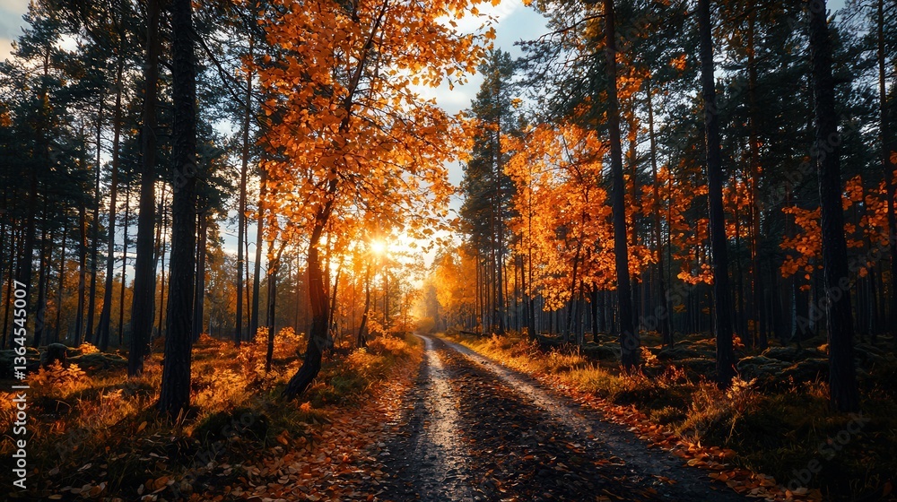 Majestic autumn sunset illuminating a scenic forest path with vibrant orange leaves and tall trees Majestic autumn sunset illuminating a scenic forest path with vibrant orange leaves and tall trees