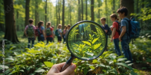 Group of Students Exploring Nature with Magnifying Glass in Forest on Educational Field Trip