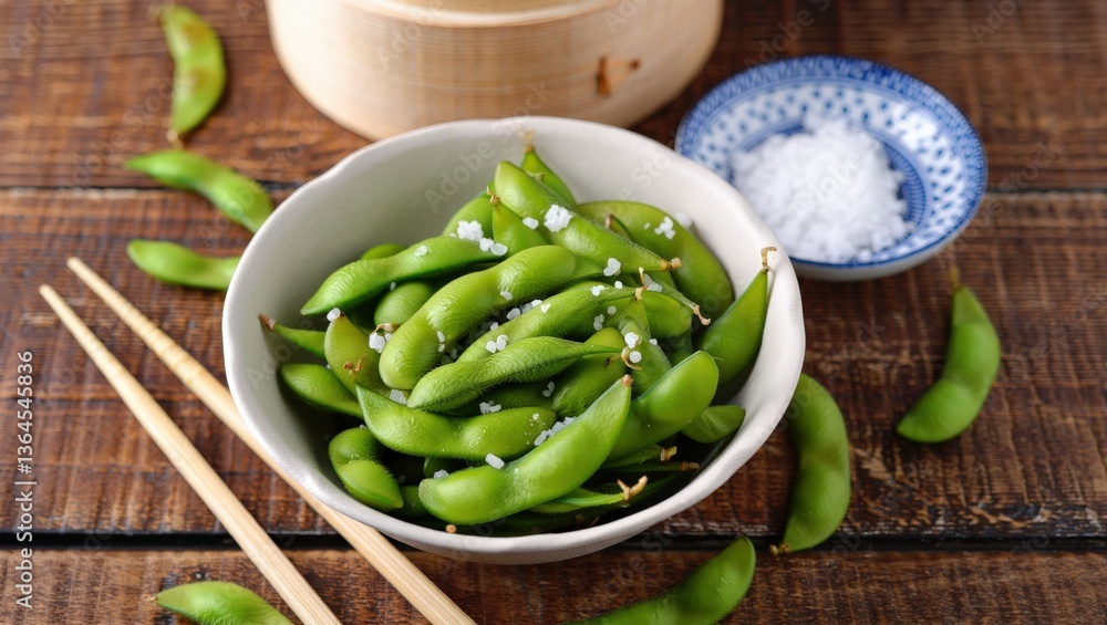Lime Green Edamame with Sea Salt in White Bowl and Bamboo Steamer on Wooden Table, Selective Focus, Copy Space Lime Green Edamame with Sea Salt in White Bowl and Bamboo Steamer on Wooden Table, Selective Focus, Copy Space