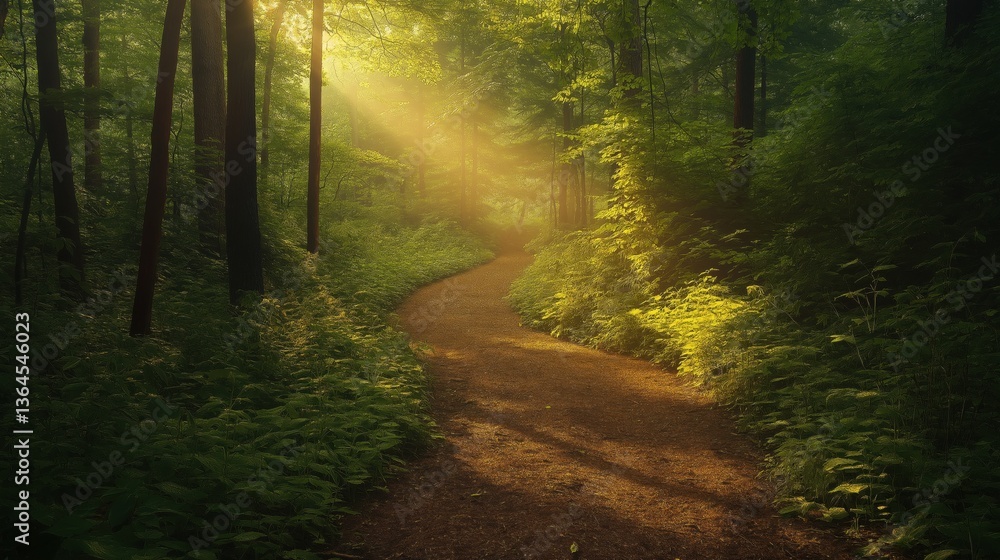 Fototapeta premium A sun-dappled forest path, bathed in golden morning light, winds through dense, verdant trees with deep, rich greens and subtle brown