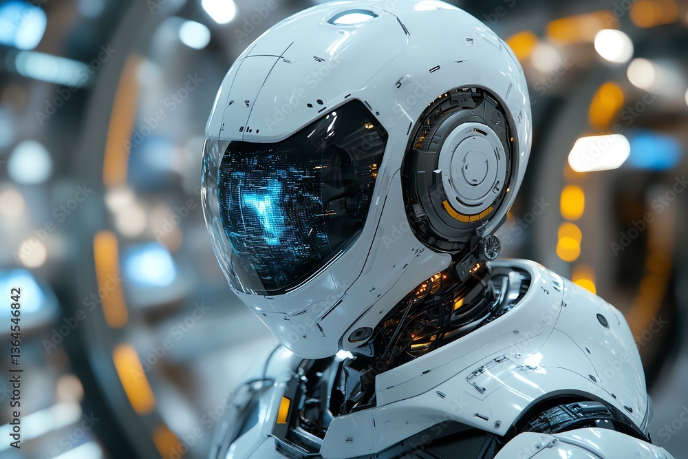 Futuristic White Robot Wearing Helmet Inside Space Station Concept Art Futuristic White Robot Wearing Helmet Inside Space Station Concept Art