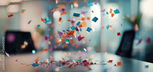 Celebrating happy anniversary at work, this vibrant scene captures joy of business milestone with colorful confetti scattered around
