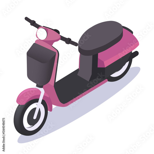 Isometric pink scooter with black seat and handlebars on a white background. Concept of urban transportation and modern mobility. Vector illustration