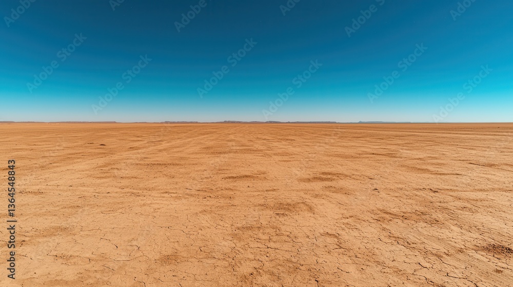 Naklejka premium Vast Expanse of Dry Desert Landscape Under a Clear Blue Sky Arid Terrain Parched Earth and Sunlit Horizons