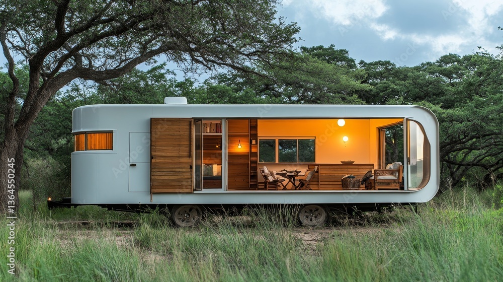 Fototapeta premium Modern Mobile Tiny Home with Open Concept Living Area, Large Windows, and Wood Accents