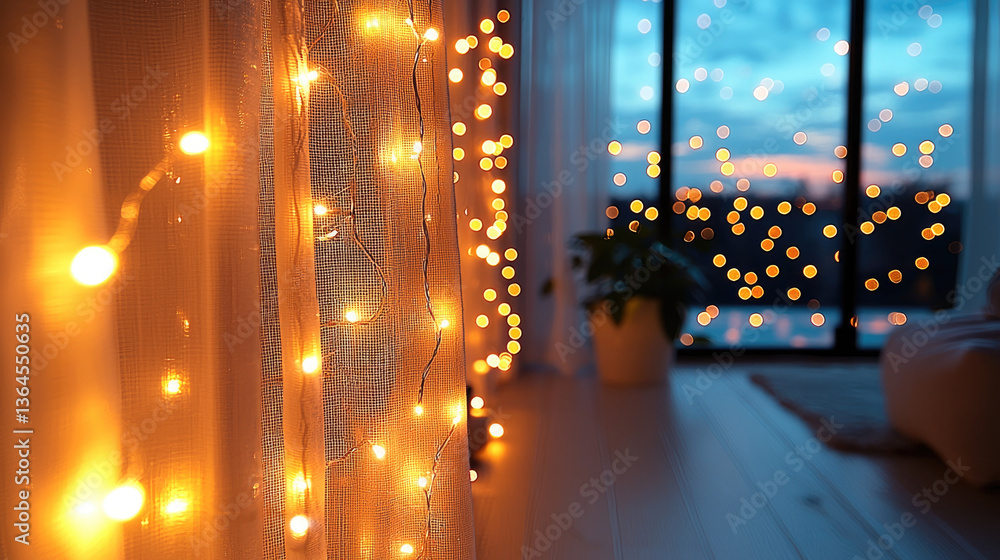 cozy interior scene featuring warm string lights draped over sheer curtains, creating magical atmosphere at night. soft glow enhances tranquil ambiance, inviting relaxation and comfort cozy interior scene featuring warm string lights draped over sheer curtains, creating magical atmosphere at night. soft glow enhances tranquil ambiance, inviting relaxation and comfort