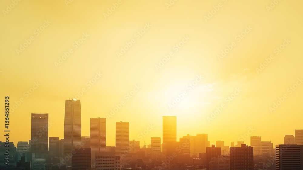 Fototapeta premium Golden Sunset Over Modern Cityscape, A Moment of Urban Tranquility