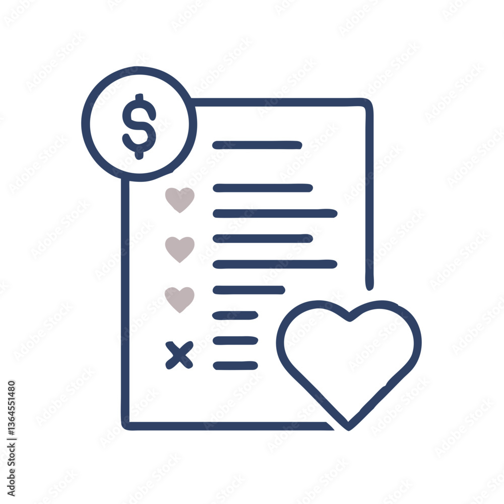 Donation list icon with heart and dollar sign Donation list icon with heart and dollar sign