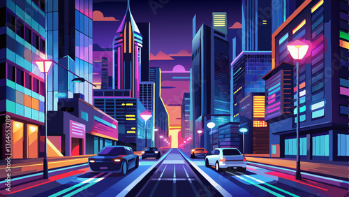 A vibrant city street at night, showcasing light trails from vehicles amidst towering skyscrapers illuminated against the dark sky.