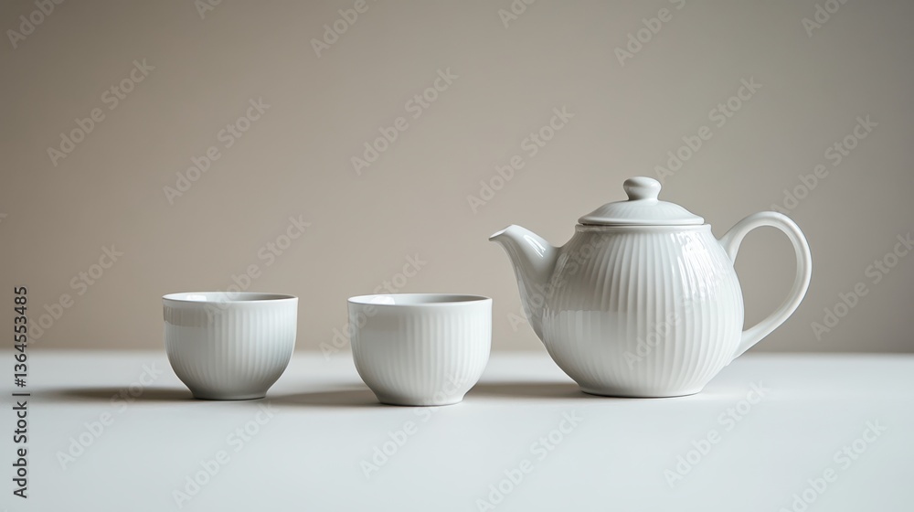 Elegant White Teapot with Two Matching Cups on a Minimalist Surface Elegant White Teapot with Two Matching Cups on a Minimalist Surface