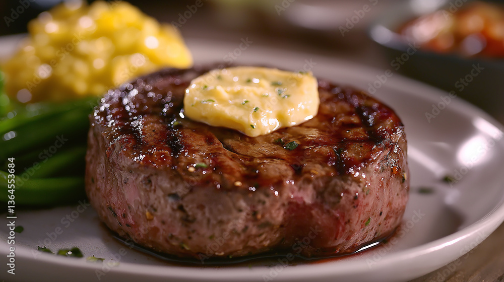 Sizzling porterhouse steak with melting compound butter, side dishes softly blurred in the background, inviting and warm gourmet feel Sizzling porterhouse steak with melting compound butter, side dishes softly blurred in the background, inviting and warm gourmet feel