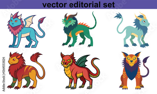 Mythical Creature Vector Editorial Set, A vibrant set of mythical creature illustrations in vector format, perfect for creative and editorial design projects.
