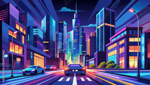 A vibrant city street at night, showcasing light trails from vehicles amidst towering skyscrapers illuminated against the dark sky.