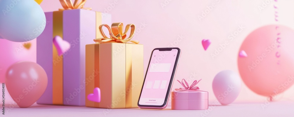 A stylish arrangement of pastel gifts, a smartphone, and playful balloons, creating a festive and cheerful atmosphere. A stylish arrangement of pastel gifts, a smartphone, and playful balloons, creating a festive and cheerful atmosphere.