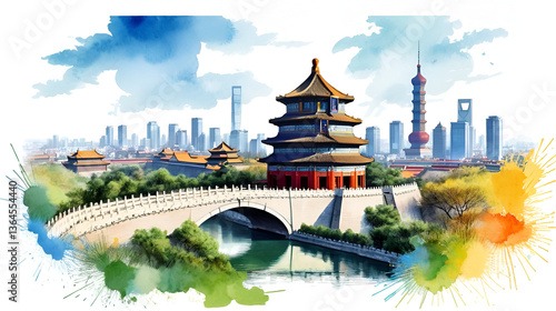Building view with landmark of Beijing alternatively romanized as Peking is the capital of the Republic of China. Watercolor splash with hand drawn sketch illustration in vector.