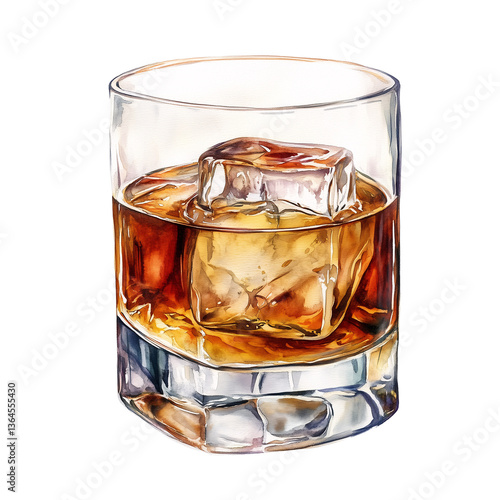 Watercolor Painting of Whiskey on the Rocks in a Rocks Glass