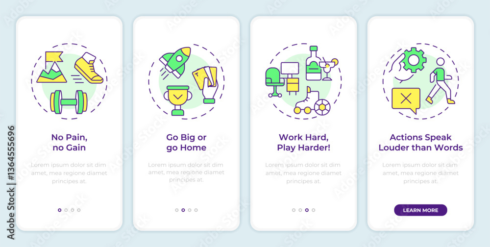 Motivation lessons onboarding mobile app screen. Life success. Walkthrough 4 steps editable graphic instructions with linear concepts. UI, UX, GUI. Montserrat SemiBold, Regular fonts used Motivation lessons onboarding mobile app screen. Life success. Walkthrough 4 steps editable graphic instructions with linear concepts. UI, UX, GUI. Montserrat SemiBold, Regular fonts used