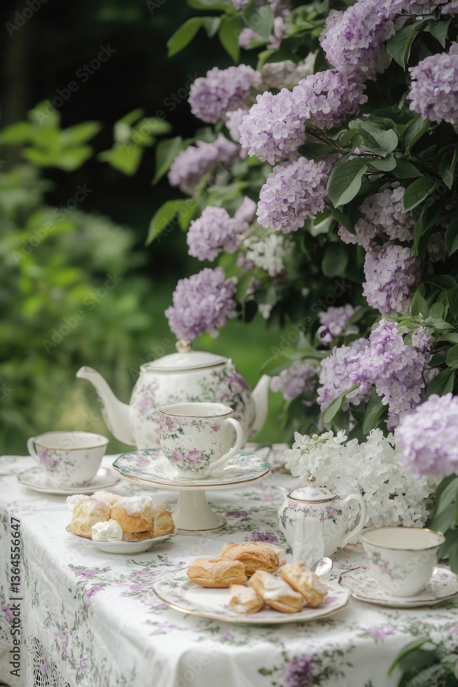 A table with plates of food next to a bush of purple flowers, perfect for outdoor events or parties A table with plates of food next to a bush of purple flowers, perfect for outdoor events or parties