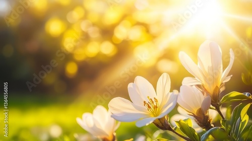 Blurry Spring Wildflower Landscape Bathed in Gentle Morning Light.