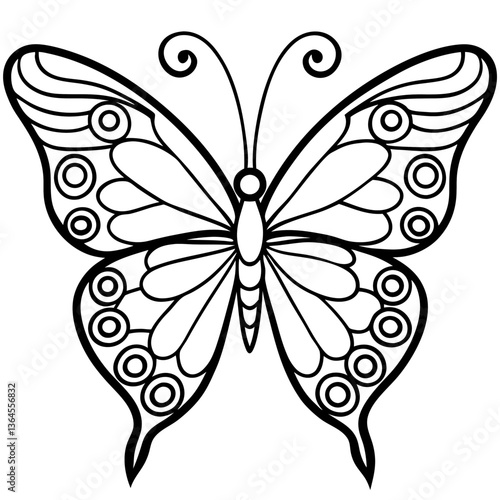 A highly detailed black-and-white line art illustration of a symmetrical butterfly with intricate patterns on its wings