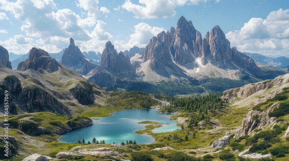 Obraz premium Scenic landscape of a mountain range with a lake in the foreground, suitable for use in travel and tourism contexts