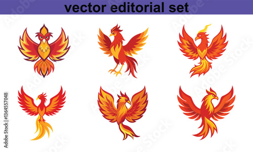 Phoenix Firebird Vector Editorial Set, A vibrant set of phoenix firebird illustrations in vector format, ideal for creative and editorial design projects.
