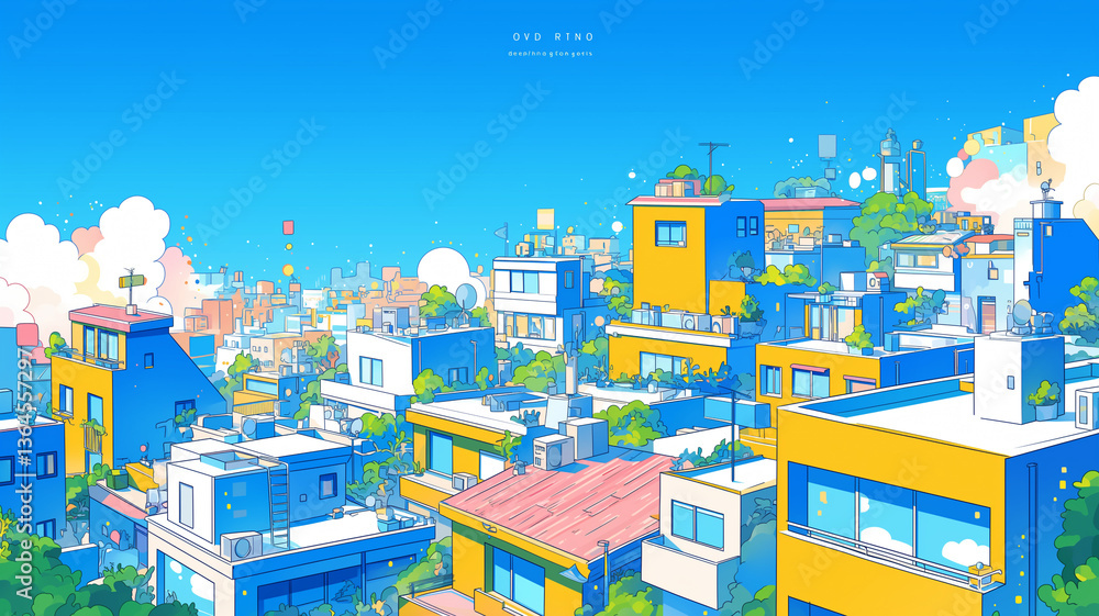 レトロポップなアニメ調で描く爽やかな夏の都会風景・青空と巨大な入道雲に包まれた緑豊かな都市街並み・青春と癒しを感じる手描き風イラスト背景素材・ナチュラルで明るい都市ライフのイメージ レトロポップなアニメ調で描く爽やかな夏の都会風景・青空と巨大な入道雲に包まれた緑豊かな都市街並み・青春と癒しを感じる手描き風イラスト背景素材・ナチュラルで明るい都市ライフのイメージ