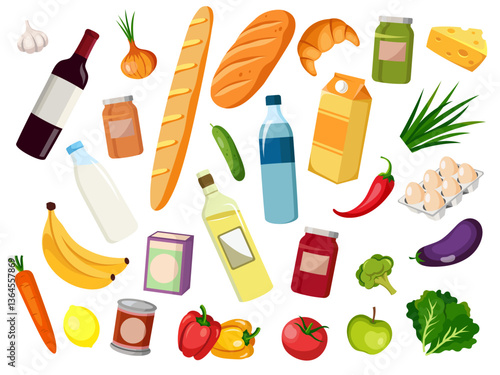 Colorful set of various grocery food items, including vegetables, fruits, dairy, and beverages, on a white background. Vector illustration