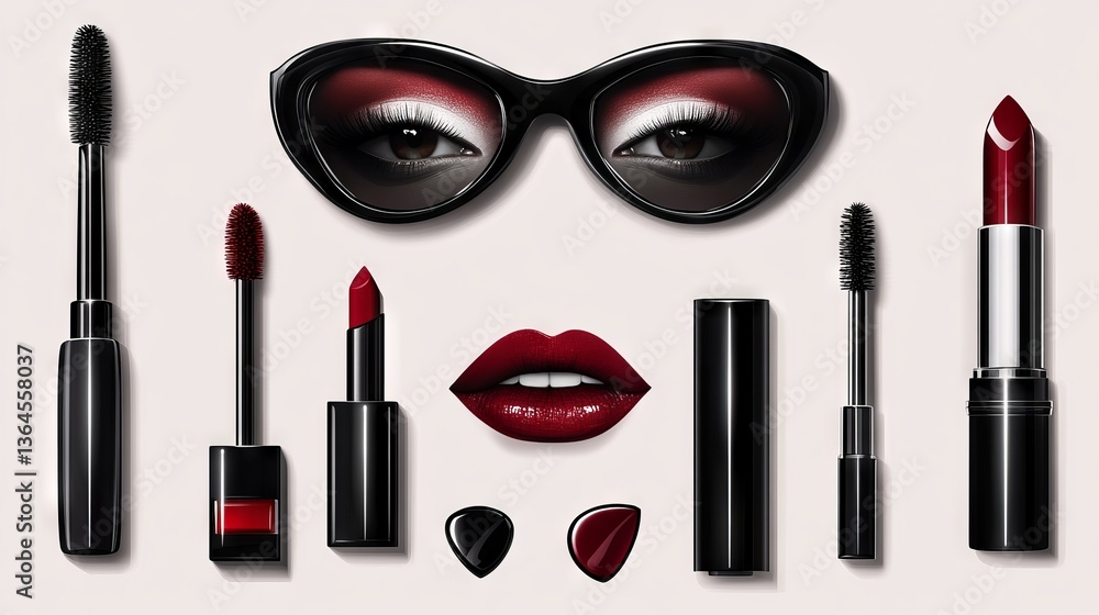 Obraz premium Cosmetics and fashion background with make up artist objects: lipstick, eye shadows, mascara ,eyeliner, nail polish, sunglasses. Vector illustration.