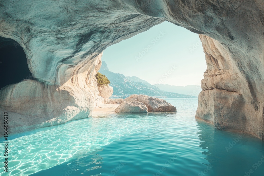 Fototapeta premium A natural cave with a small pool in the center, surrounded by rocky walls and dim lighting