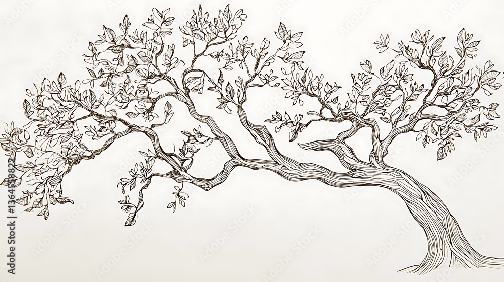Fototapeta premium A tree with a trunk and branches is drawn in black and white