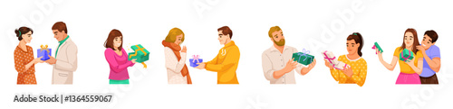 Various people exchanging wrapped gifts in different situations, expressing happiness and surprise. Colorful background. Concept of celebration. Vector illustration