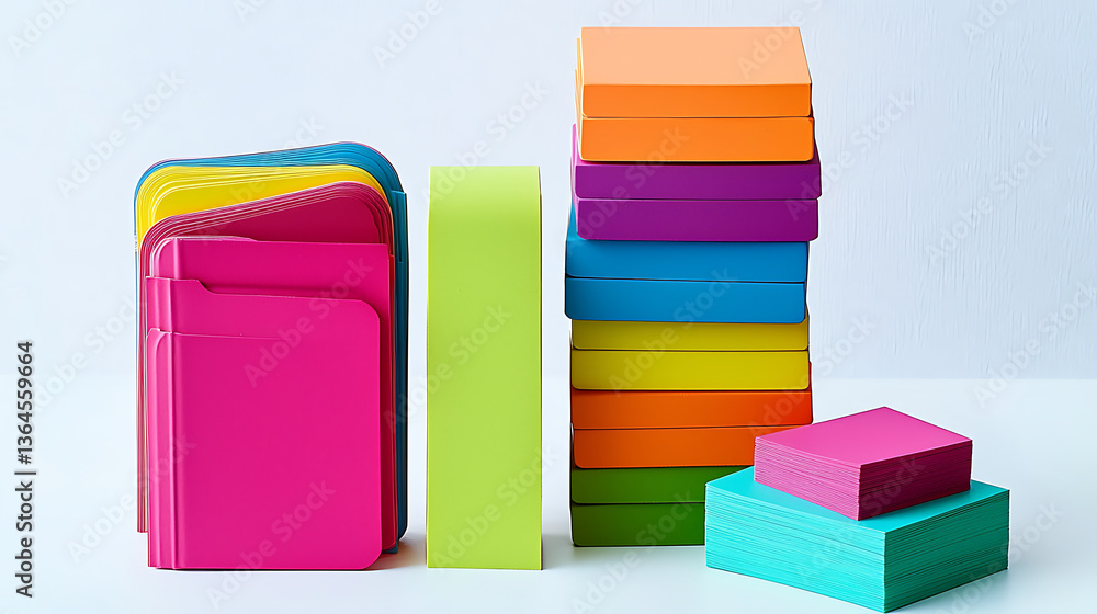 A stack of colorful notebooks and sticky notes are arranged on a white surface A stack of colorful notebooks and sticky notes are arranged on a white surface