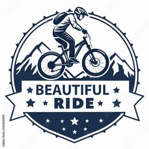 Mountain Biking Adventure: Cyclist Riding in Mountains Badge Design
