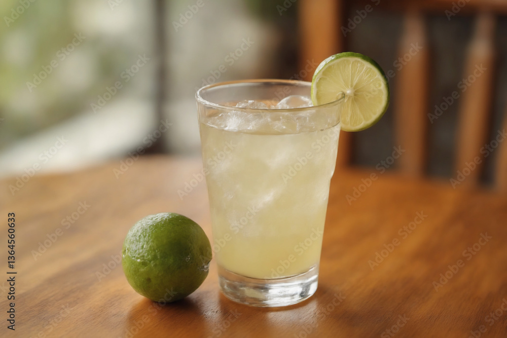 Classic lime cocktail in clear glass with whole lime on wooden table with copy space