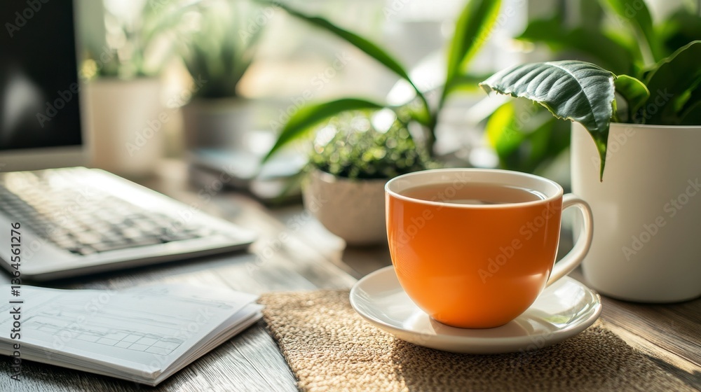 Cozy Workspace with Orange Cup of Tea and Lush Indoor Plants Cozy Workspace with Orange Cup of Tea and Lush Indoor Plants