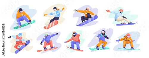 Set of snowboarders in colorful winter gear performing tricks on snowboards. Dynamic poses on abstract backgrounds. Extreme sports concept. Vector illustration