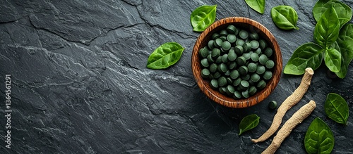 Green tablets and leaves in a wooden bowl on a dark surface
