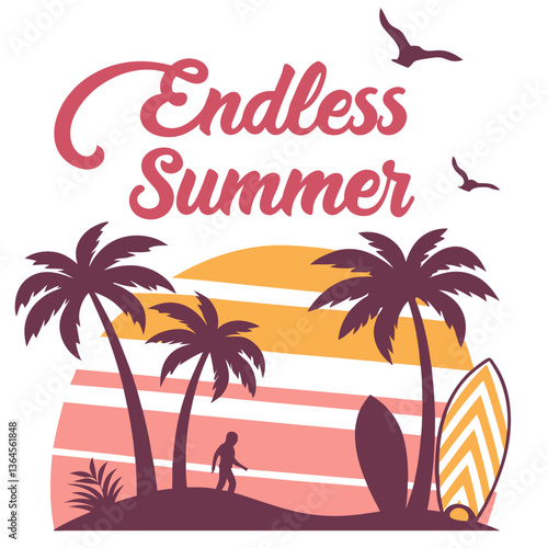 Endless Summer: Tropical Beach Sunset with Surfer and Surfboards