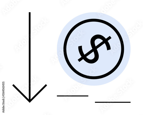 Downward arrow next to a crossed-out dollar sign. Ideal for finance, loss, economy, stability, budgeting, debt, and investment concepts. Flat simple metaphor