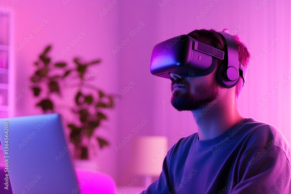 A man wearing a VR headset is sitting in front of a laptop A man wearing a VR headset is sitting in front of a laptop