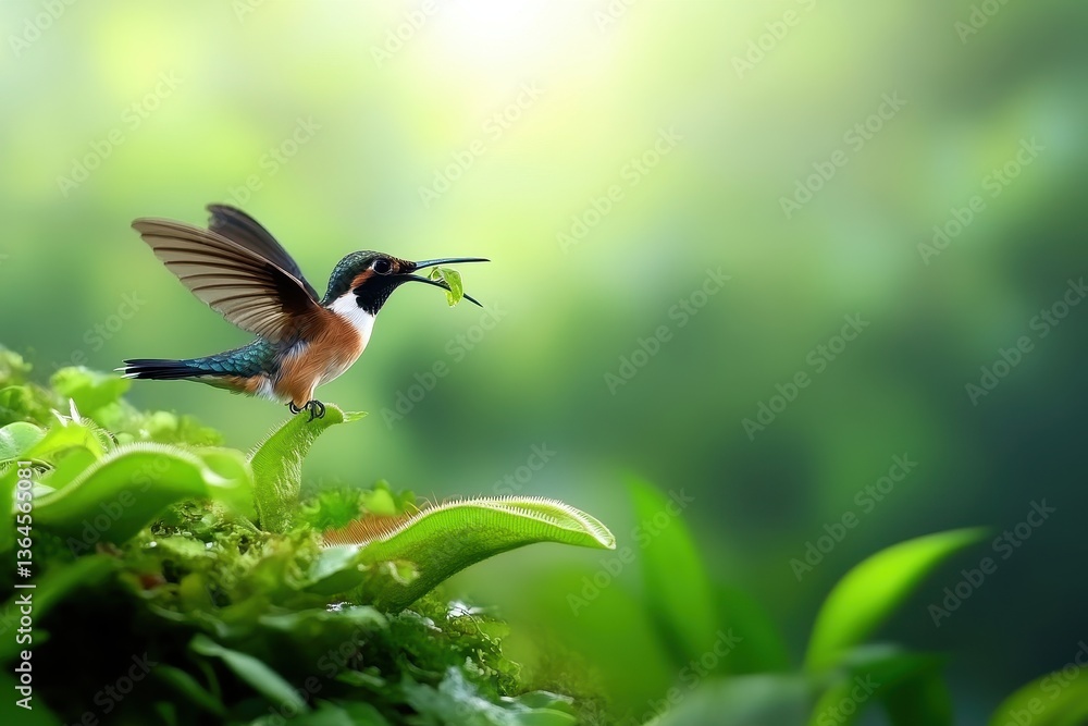 Fototapeta premium A tiny hummingbird hovers gracefully above a vibrant carnivorous plant in a lush, natural setting.