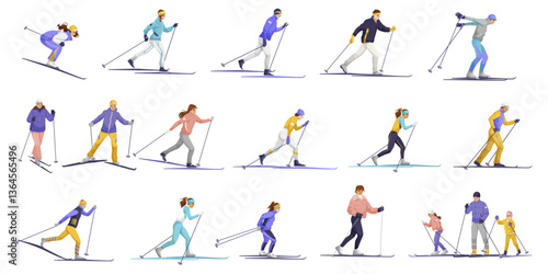 Various skiers in different skiing postures and outfits on a white background. Concept of winter sport, outdoor activity, and recreation. Vector illustration