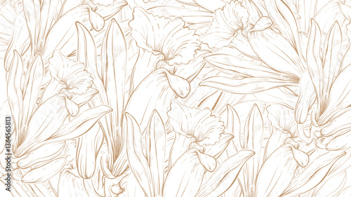 Vanilla flower pattern with vintage lines. Vanilla flower illustration.