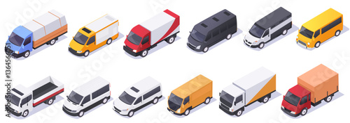 Set of isometric cargo trucks and vans in different colors and styles on a white background. Concept of transport, delivery, and logistics. Vector illustration