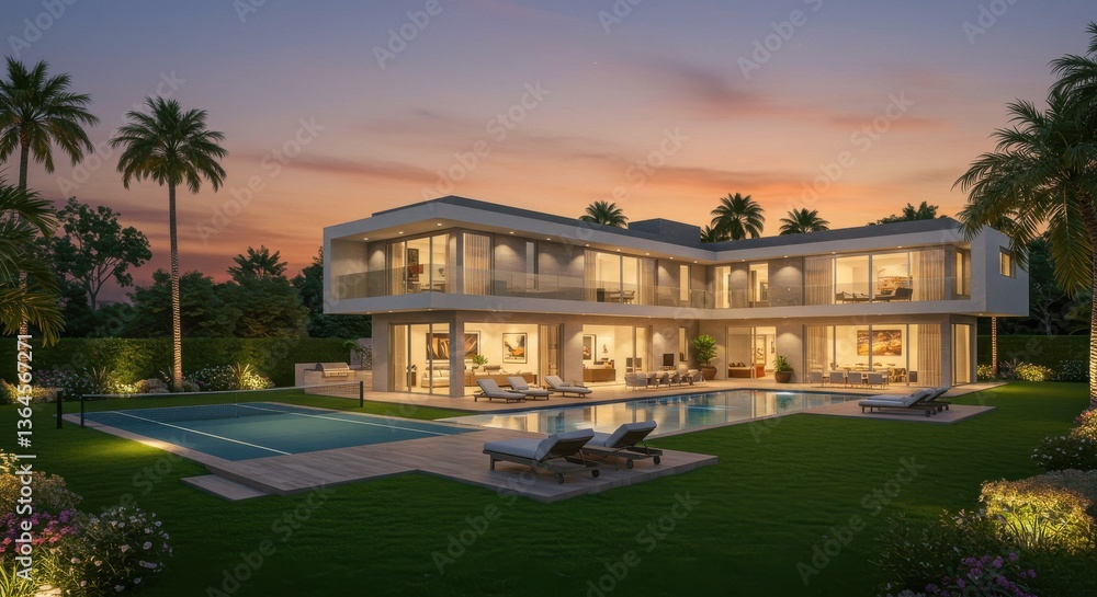 Modern mansion with pool and tennis court at dusk showcasing luxury lifestyle and architecture design Modern mansion with pool and tennis court at dusk showcasing luxury lifestyle and architecture design