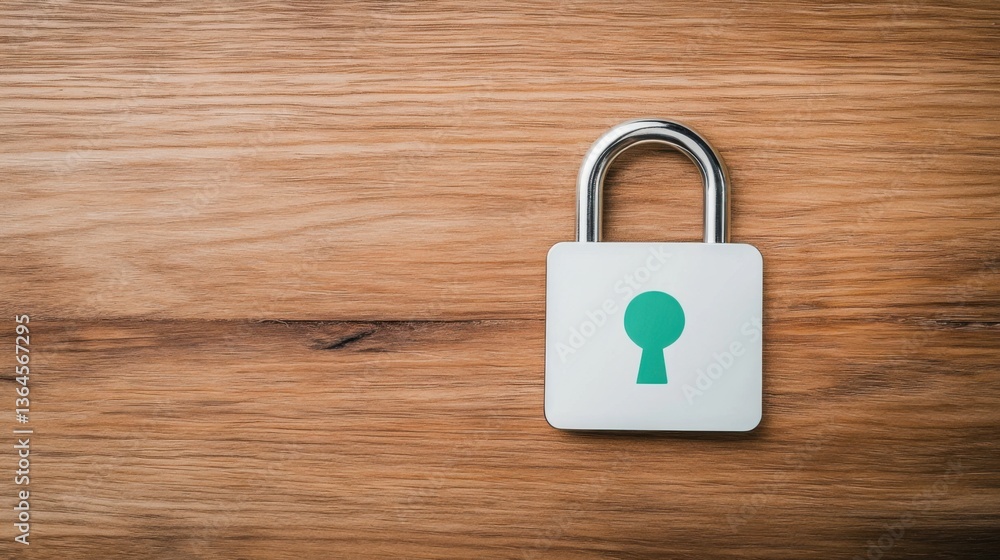 Fototapeta premium Close-Up Image of a Modern Padlock with Keyhole Symbol on a Wooden Surface for Security and Protection Themes