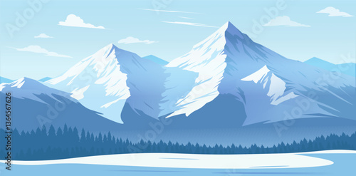Snow-covered mountains with pine trees in the foreground on a clear blue sky background. Concept of winter, nature, and wilderness. Vector illustration