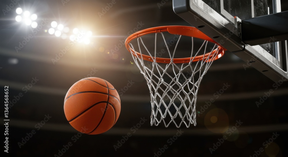 A basketball near a hoop with stadium lighting in the background ready for a game to start soon A basketball near a hoop with stadium lighting in the background ready for a game to start soon
